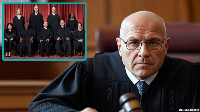 Lower court judge wearing black robe inside a courtroom with an inset of the Supreme Court.