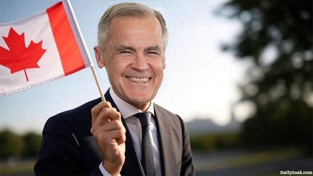 White male Mark Carney wearing a suit and waving a Canada flag.
