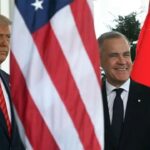 Canada Mark Carney standing next to Donald Trump and a flag of China at G7 summit in Alberta.