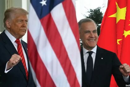 Canada Mark Carney standing next to Donald Trump and a flag of China at G7 summit in Alberta.