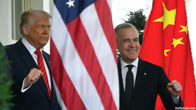 Canada Mark Carney standing next to Donald Trump and a flag of China at G7 summit in Alberta.