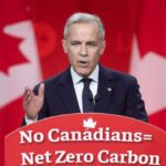 Canada Prime Minister Mark Carney on stage for speech about net zero carbon.