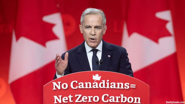 Canada Prime Minister Mark Carney on stage for speech about net zero carbon.
