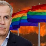 Canada Prime Minister Mark Carney on the Canadian wildfires in front of Pride month flags.