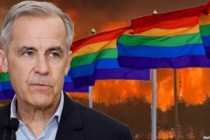 Canada Prime Minister Mark Carney on the Canadian wildfires in front of Pride month flags.