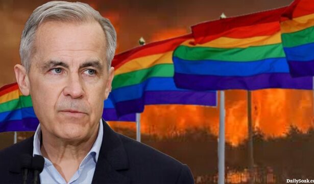 Canada Prime Minister Mark Carney on the Canadian wildfires in front of Pride month flags.