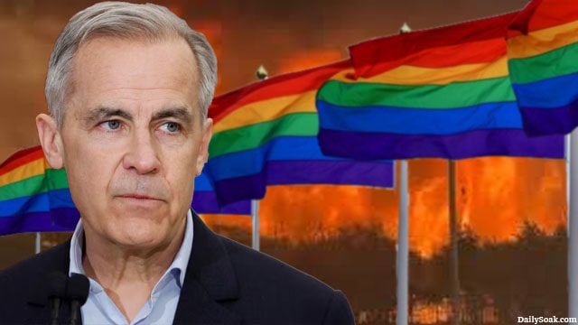 Canada Prime Minister Mark Carney on the Canadian wildfires in front of Pride month flags.