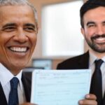 Barack Obama showing a birth certificate to Zohran Mamdani.