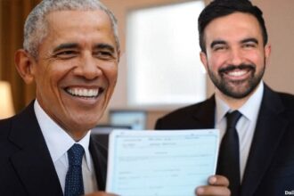 Barack Obama showing a birth certificate to Zohran Mamdani.