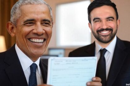 Barack Obama showing a birth certificate to Zohran Mamdani.