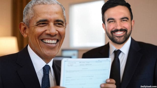 Barack Obama showing a birth certificate to Zohran Mamdani.