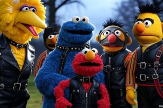 Sesame Street Pride Month episode showing the Muppets wearing leather outfits.