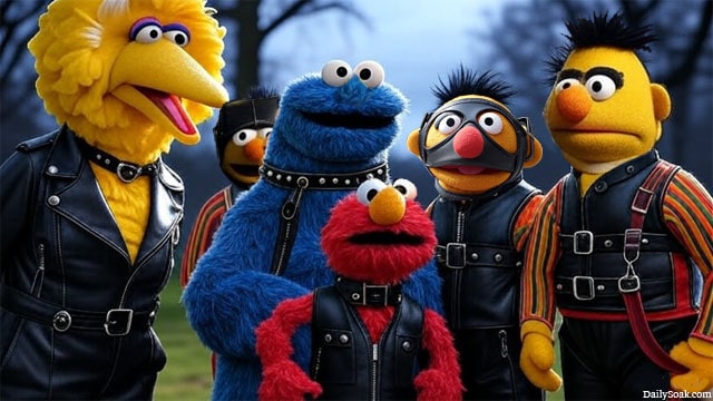 Sesame Street Pride Month episode showing the Muppets wearing leather outfits.