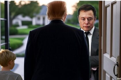 Donald Trump answering the door to see Elon Musk waiting out front of Mar-a-Lago.
