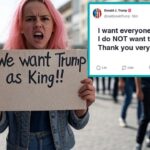 No Kings protesters holding anti-President Donald Trump signs.