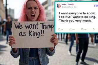 No Kings protesters holding anti-President Donald Trump signs.