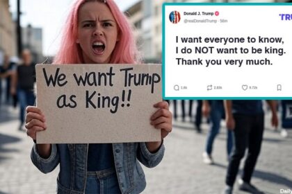 No Kings protesters holding anti-President Donald Trump signs.