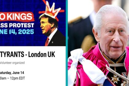 UK No Kings protesters protesting against Donald Trump.
