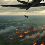 U.S. bomber plane dropping bombs on England with fire down below.