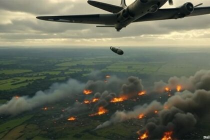 U.S. bomber plane dropping bombs on England with fire down below.