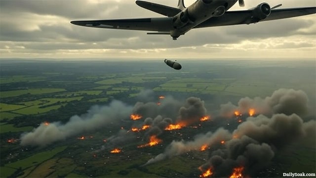 U.S. bomber plane dropping bombs on England with fire down below.