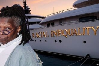 Whoopi Goldberg standing in front of a yacht called "Racial Inequality."