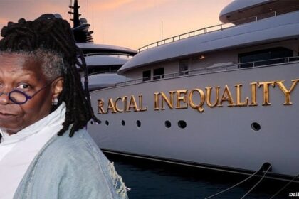 Whoopi Goldberg standing in front of a yacht called "Racial Inequality."