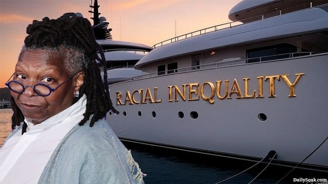 Whoopi Goldberg standing in front of a yacht called "Racial Inequality."