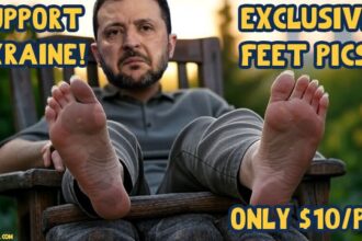 Ukraine President Volodymyr Zelensky sitting on a chair showing his feet.