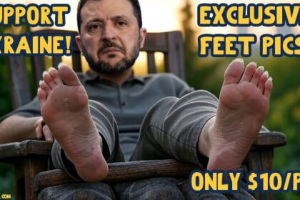 Ukraine President Volodymyr Zelensky sitting on a chair showing his feet.