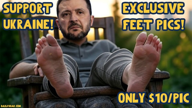 Ukraine President Volodymyr Zelensky sitting on a chair showing his feet.