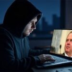Adam Schiff beside a Russian hacker man on his laptop.