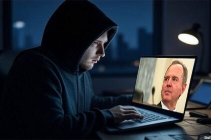 Adam Schiff beside a Russian hacker man on his laptop.