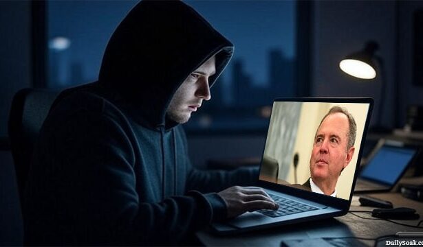 Adam Schiff beside a Russian hacker man on his laptop.