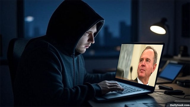 Adam Schiff beside a Russian hacker man on his laptop.