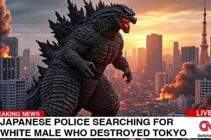 Fake CNN story showing Godzilla destroying Tokyo, Japan.