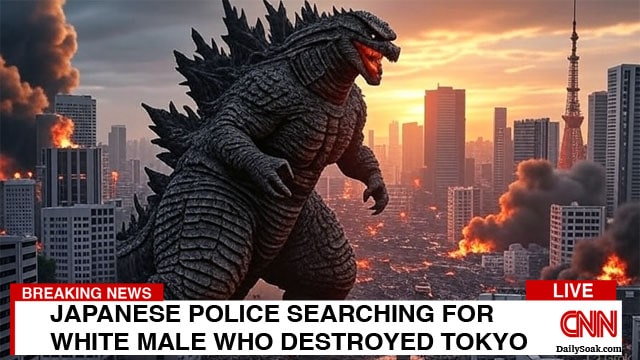 Fake CNN story showing Godzilla destroying Tokyo, Japan.