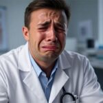 White male Canadian doctor in lab coat crying in office.