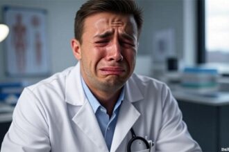 White male Canadian doctor in lab coat crying in office.
