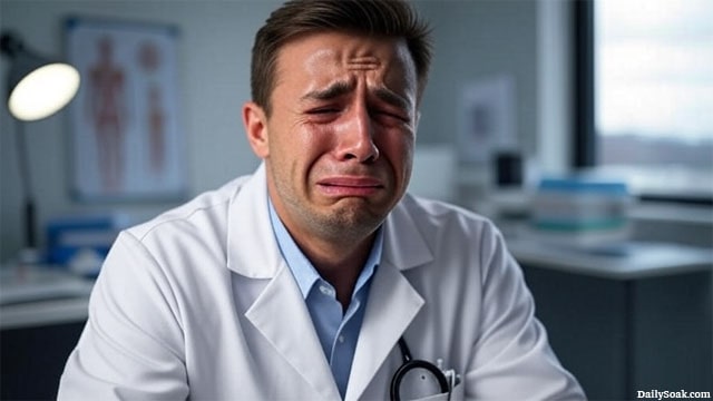 White male Canadian doctor in lab coat crying in office.
