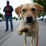 Dog in Canada street stepping in poop on his paw.