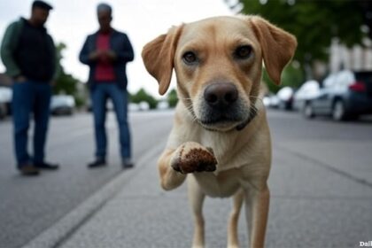 Dog in Canada street stepping in poop on his paw.