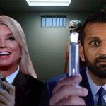 DOJ Attorney General Pam Bondi and FBI Director Kash Patel holding Men In Black memory-eraser sticks with Jeffrey Epstein in the background.
