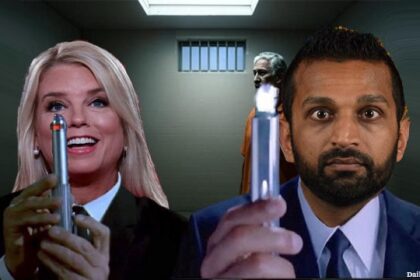 DOJ Attorney General Pam Bondi and FBI Director Kash Patel holding Men In Black memory-eraser sticks with Jeffrey Epstein in the background.
