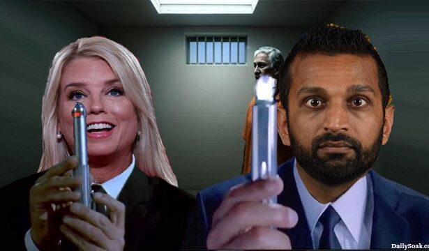 DOJ Attorney General Pam Bondi and FBI Director Kash Patel holding Men In Black memory-eraser sticks with Jeffrey Epstein in the background.