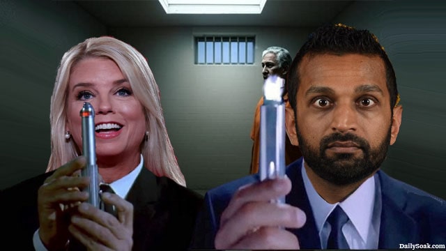 DOJ Attorney General Pam Bondi and FBI Director Kash Patel holding Men In Black memory-eraser sticks with Jeffrey Epstein in the background.