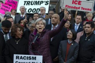 Democrats protesting against Donald Trump about Texas flood.