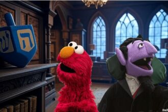 Sesame Street's Elmo inside Count von Count's castle.