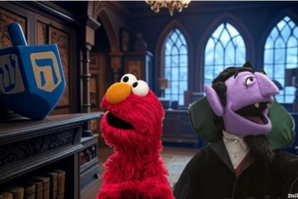 Sesame Street's Elmo inside Count von Count's castle.