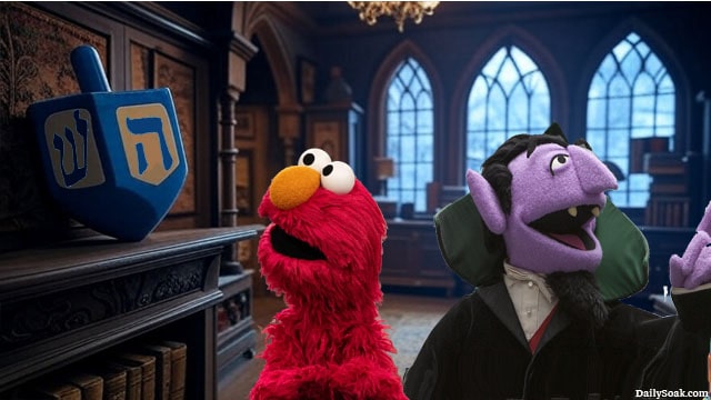 Sesame Street's Elmo inside Count von Count's castle.